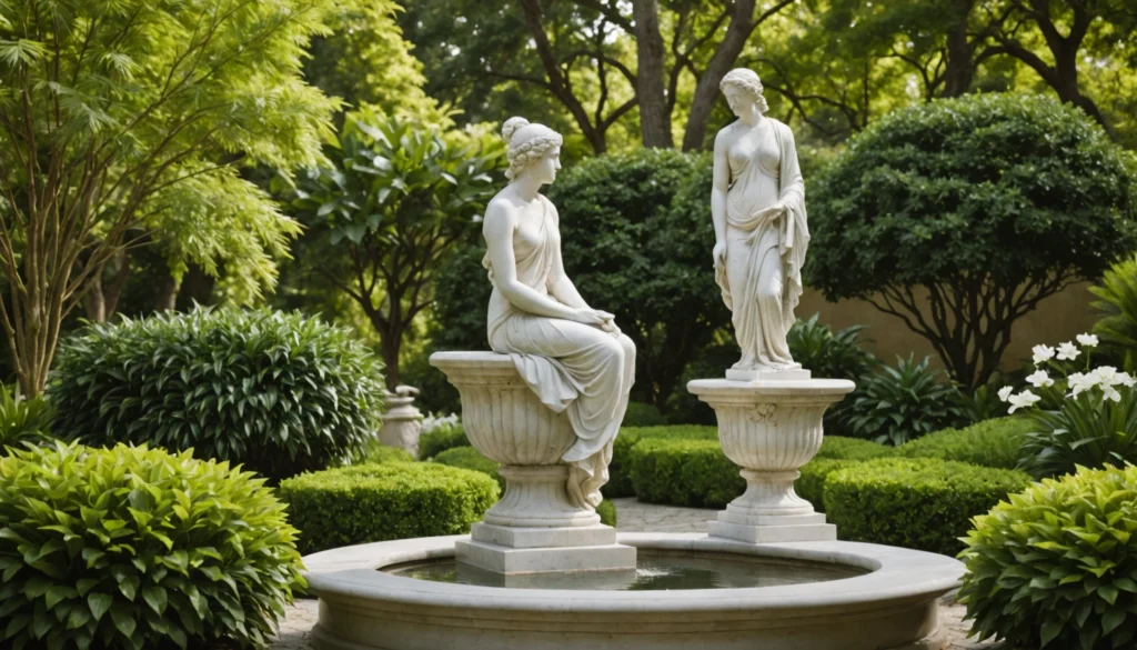 deux statuts sur fontaine dans un jardin