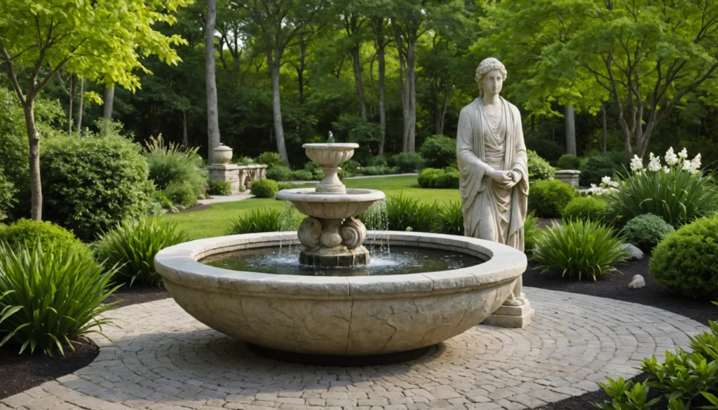 statut en pierre et fontaine dans jardin