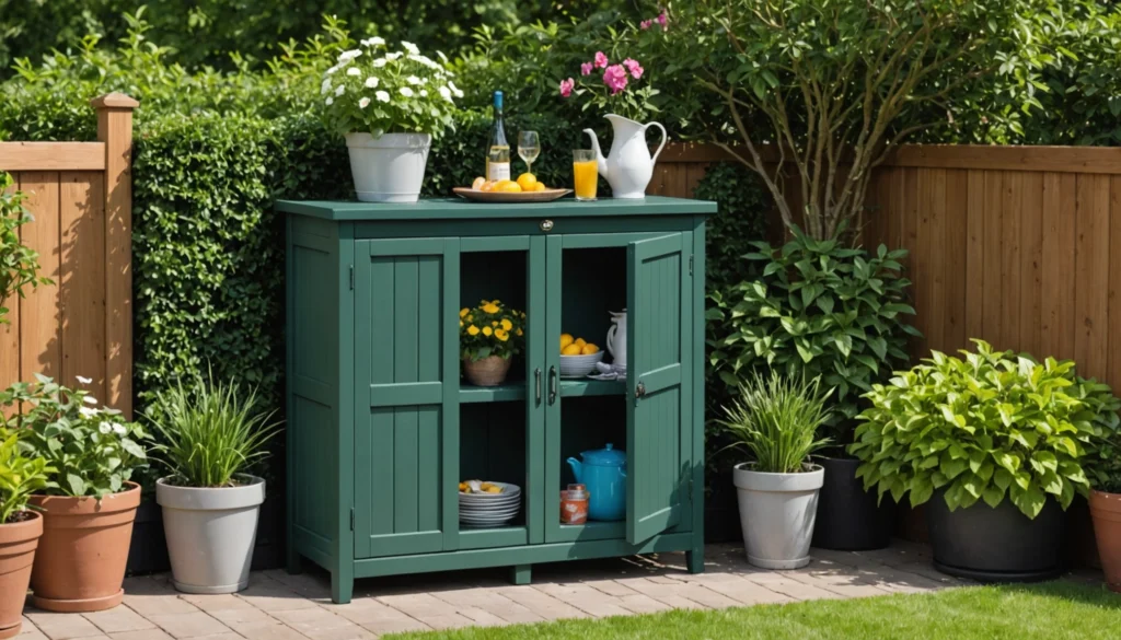 armoire de jardin verte en bois dans jardin