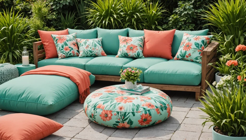 coussin et pouf avec motif floraux sur salon de jardin