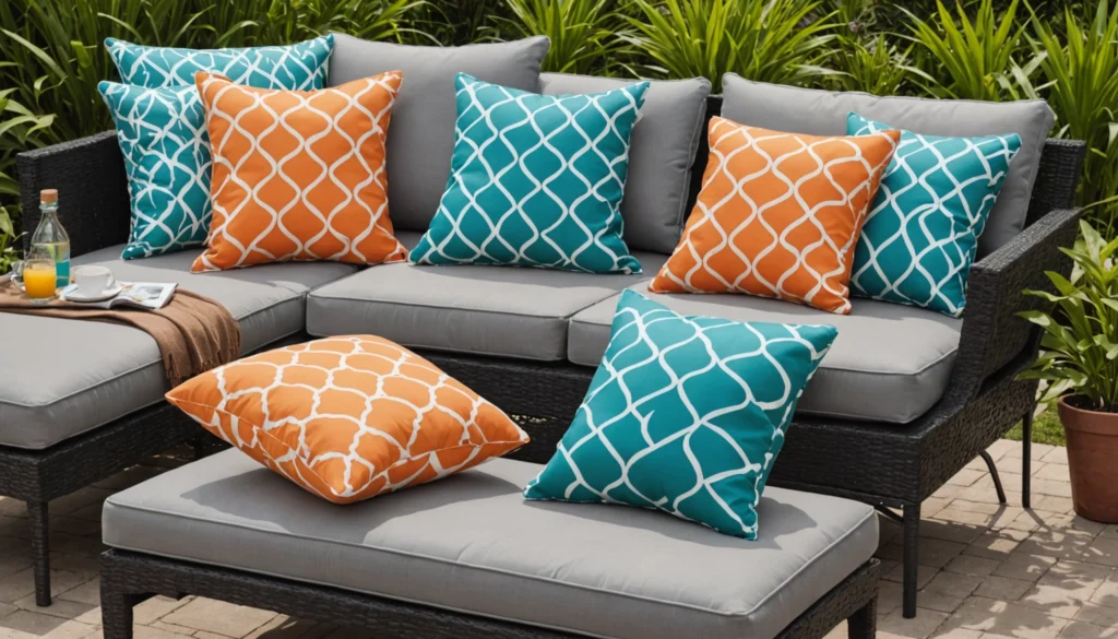 coussin sur salon de jardin bleu et orange