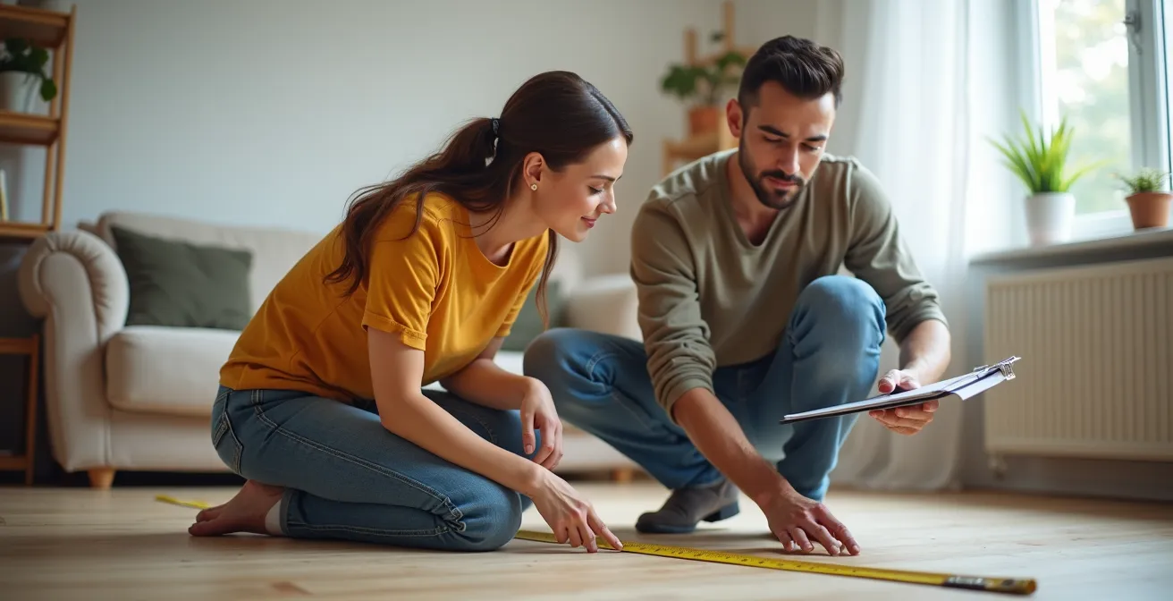 Couple mesurant précisément leur salon avec un mètre ruban