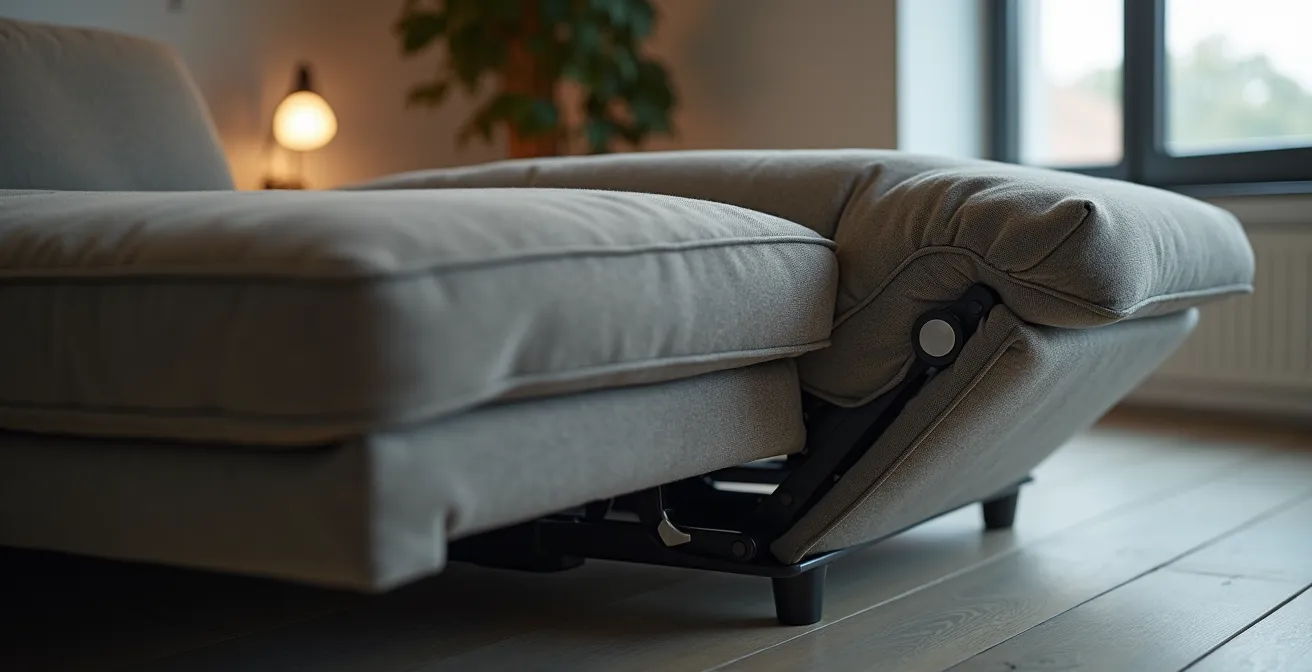 Vue latérale d'un mécanisme de canapé convertible partiellement ouvert