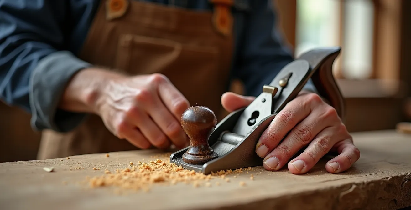 Mains d'artisan travaillant le bois avec précision