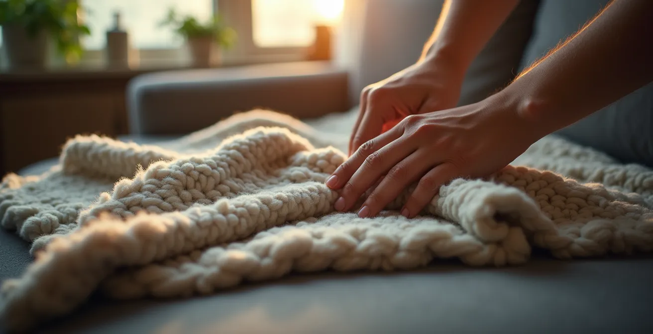 Gros plan sur des mains repliant méticuleusement une couverture sur un canapé convertible